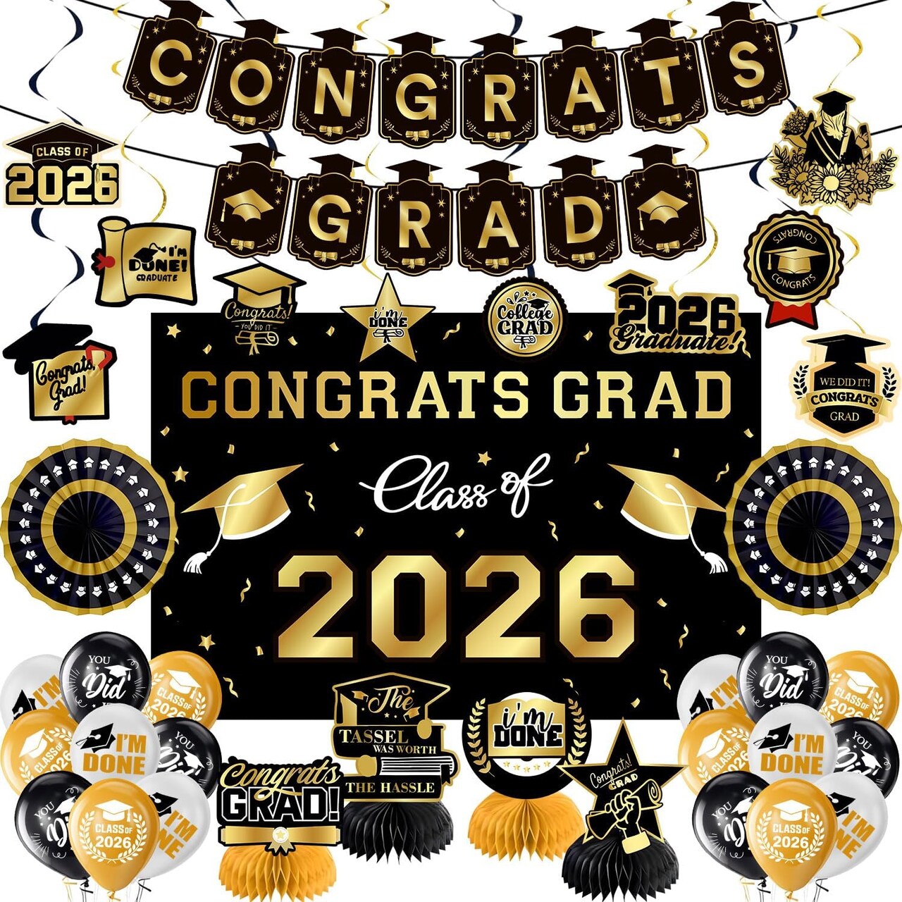 Graduation Party Decorations 2026 – Gold Themed Class of 2026 Complete Set | Congrats Grad Banner, Backdrop, Balloons, Streamers & Table Decor Kit